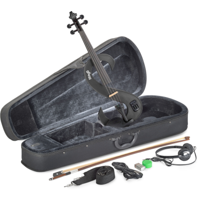 Stagg EVN 4/4 MBK 4/4 elektrische-vioolset met zwart-metallic S-vormige viool, gigbag en hoofdtelefoon