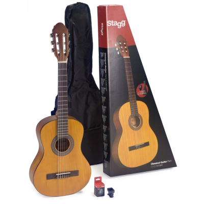 Stagg C430 M NAT PACK Set met naturelkleurige 3/4 klassieke gitaar met lindehouten top, tuner, hoes en kleurdoos
