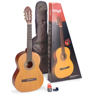 Stagg C440 M NAT PACK Pack comprenant 1 guitare classique 4/4 de couleur naturelle, 1 accordeur, 1 housse et 1 boîte