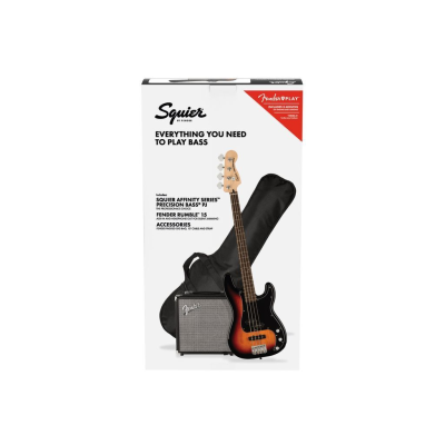 Squier Affinity Series™ Precision Bass® PJ Pack, Laurel Fingerboard, 3-Color Sunburst, Gig Bag, Rumble 15 - 230V EU
